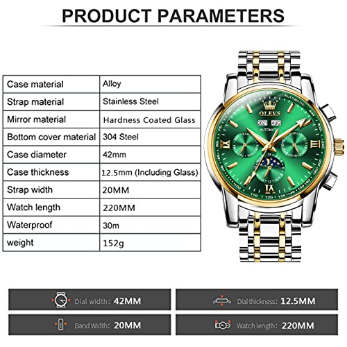 OLEVS Automatic Watches for Men, Big Face Stainless Steel Men Dress Watch, Self Winding Waterproof Men Tourbillon Skeleton Watch, Luminous Day and Date Men Mechanical Watches