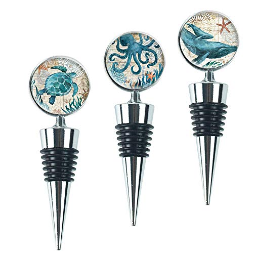 Czzmy 3 Piezas Tapón Vino,eutilizable Tapon Botella para Vino Champán Vino Tinto Cerveza Sellador de Botella de Vidrio(3-Animales Marinos)