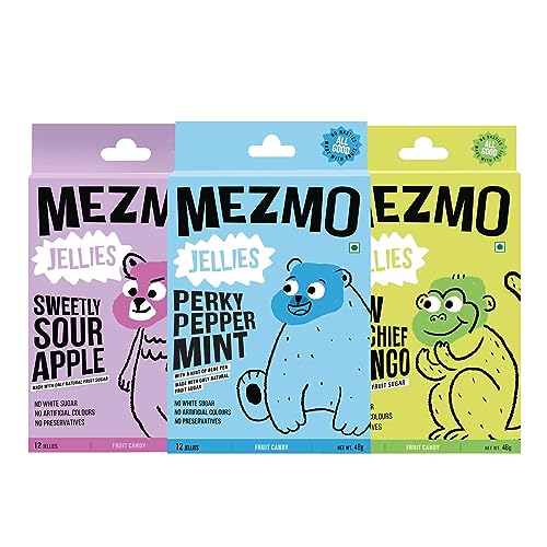 Image of MEZMO Vegan Fruit Jellies (120g, Pack of 3) | Gummies for Kids & Adults | Zero Added Sugar, Gluten Free | Healthy Prebiotic Gut Friendly Snacks - Perky Peppermint, Raw Mango & Sweetly Sour Apple