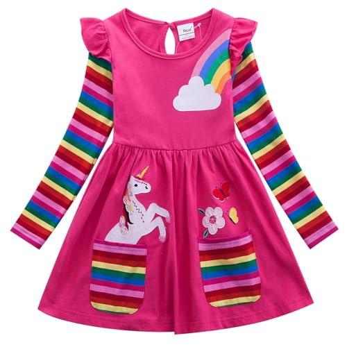 Kids Girls Cotton Rainbow Striped Long Sleeve Ruffle Hem Print Dress Casual Daily Playwear