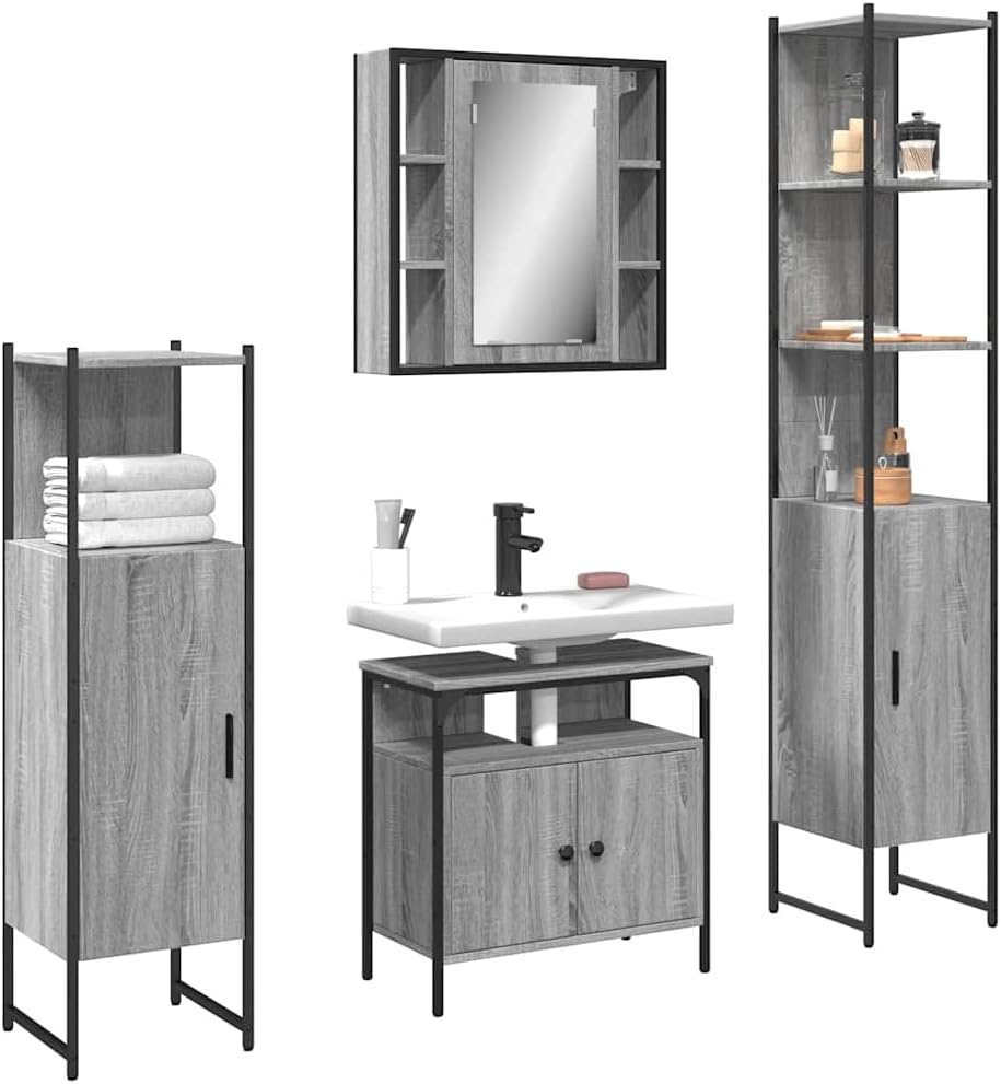 Homogen Bathroom Cabinet Set Grey Sonoma Engineered Wood with Powder-Coated Finish 11.8 x 23.6 x 23.6 inches wall-Mounted Mirror Cabinet for Bath Vanity Storage and Sink Organization