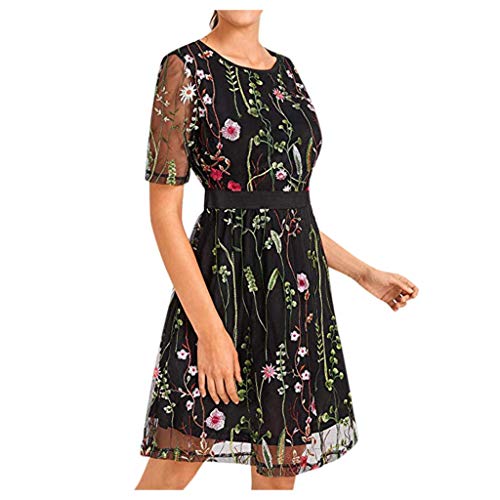 Women's Embroidered Party Dress Lace Mesh Double Layer Short Sleeve Elegant Cute Mini Dress