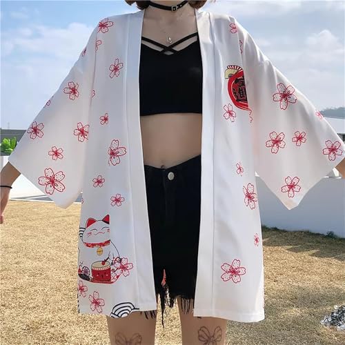 Image of LAI MENG FIVE CATS Women's Lucky Cat Cardigan Kimono Loose Cover up Casual Blouse Cute Tops