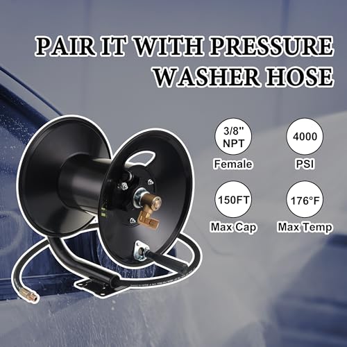 M MINGLE High Pressure Washer Hose Reel 150ft, Heavy Duty Steel Hose Reel, Manual Crank Power Washer Hose Reel with 3/8" Pressure Wash Whip Hose, Swivel Arm and Mounting Bracket, 4000 PSI