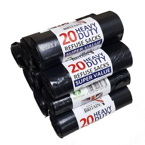 KING KARAN 200 Heavy Duty Black Bin Bags, Bin Liners, Refuse Sacks Bin Bag Rolls - Made in UK