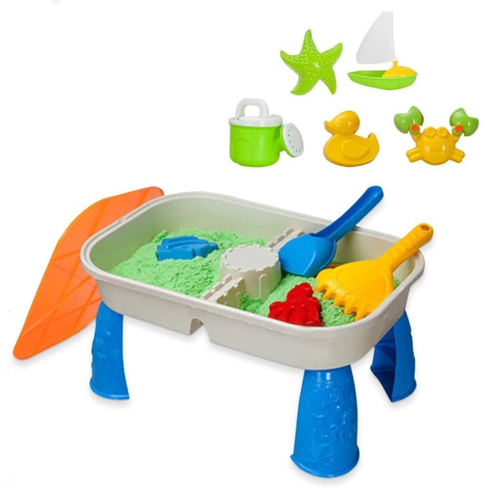 Amerteer Sand and Water Table With Lid And Accessories Kids Outdoor Activity Play Set, 9 PCS Beach Basics Sand Toy Set Including Watering Can, Rake, Star Fish, Molds & Shovel Toys, Children Beach Toys