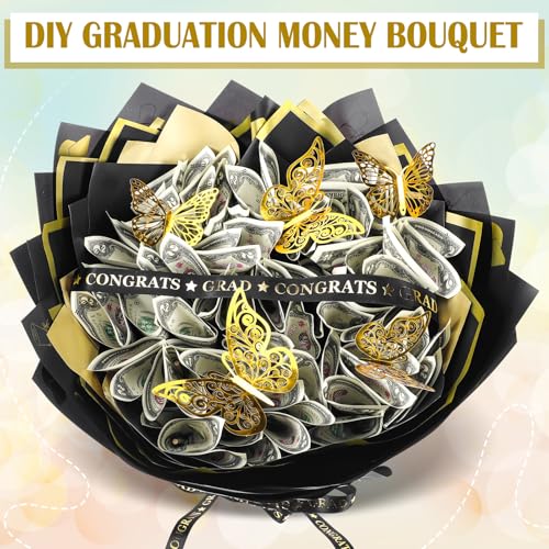 Colingmill Graduation Money Bouquet Kit 30 Sheet Flower Wrapping Paper 100 Pcs Skewers Floral Butterflies Rhinestone Pin Foam Blocks Ribbons Greeting Cards for DIY Congratulation Graduate Gift