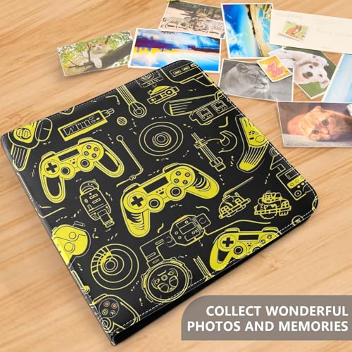 Álbum de fotos Scrapbook auto adhesivo con diseño de controladores de juegos, 3 anillos, cubiertas de cuero PU amarillo y negro, 40 páginas, tamaño 11.8x11.2 pulgadas miniatura 5