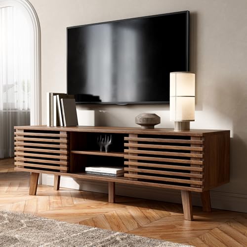 Image of Furniway Living Room Table Sets of 2, Mid Century Coffee Table and TV Stand, Wood Coffee Table with Storage, Modern TV Stand for Bedroom, Living Room, Walnut
