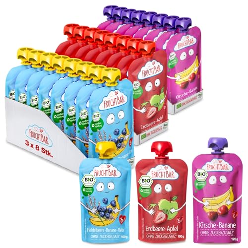 FruchtBar-Bio Quetschie 24 Stk. Mix 3 verschiedene Sorten Fruchtpüree für Babys ab 6 Monaten & Kinder (Bio Quetschie Mix mit Beeren)