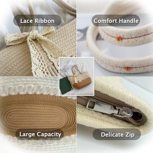Pahajim Sac Cabas Femme Sac Fourre Tout Sacs a Main Crochet en Corde de Coton Chic Sacs Panier avec Fermeture Éclair pour Voyage Vacances – vue 5