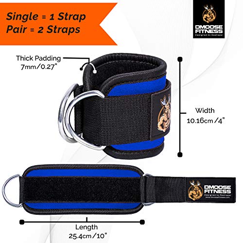 DMoose Fitness Ankle Strap for Cable Machines for Kickbacks, Glute Workouts, Leg Extensions, Curls, and Hip Abductors for Men and Women, Adjustable Neoprene Support (Blue, Single)