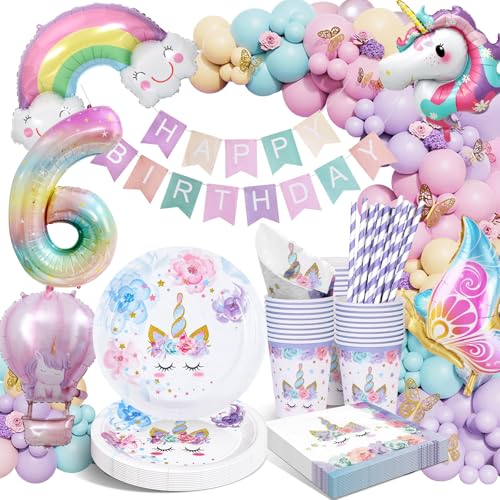 Unicórnio decoração de aniversário menina 6 anos festa louça unicórnio pratos de papel infantil aniversários com balões 6 anos