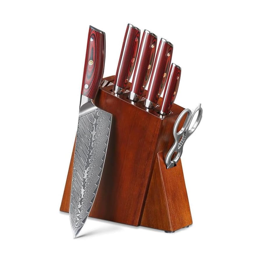 Kitchen Knife Set,7-Piece Damascus Knife Block Set Professional 73-Layer Japanese VG10 Steel - Chef's Cleaver Knife,Kitchen Scissors,Bread Knife,& More