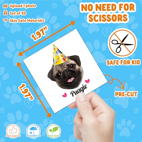 Image of Custom Dog Face Temporary Tattoos, Set of 20 | Personalized Pre-Cut Photo, Birthday Hat & Dog Name or Text, Funny Party Favors, Dog Lovers Gifts