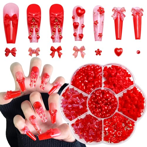 Red 3D Bow Nail Charms, Bowknot Nail Stud Rhinestones, Bow and Pearl Charms for Nail Art New Year Valentine's Day Festival Celebration Decoration