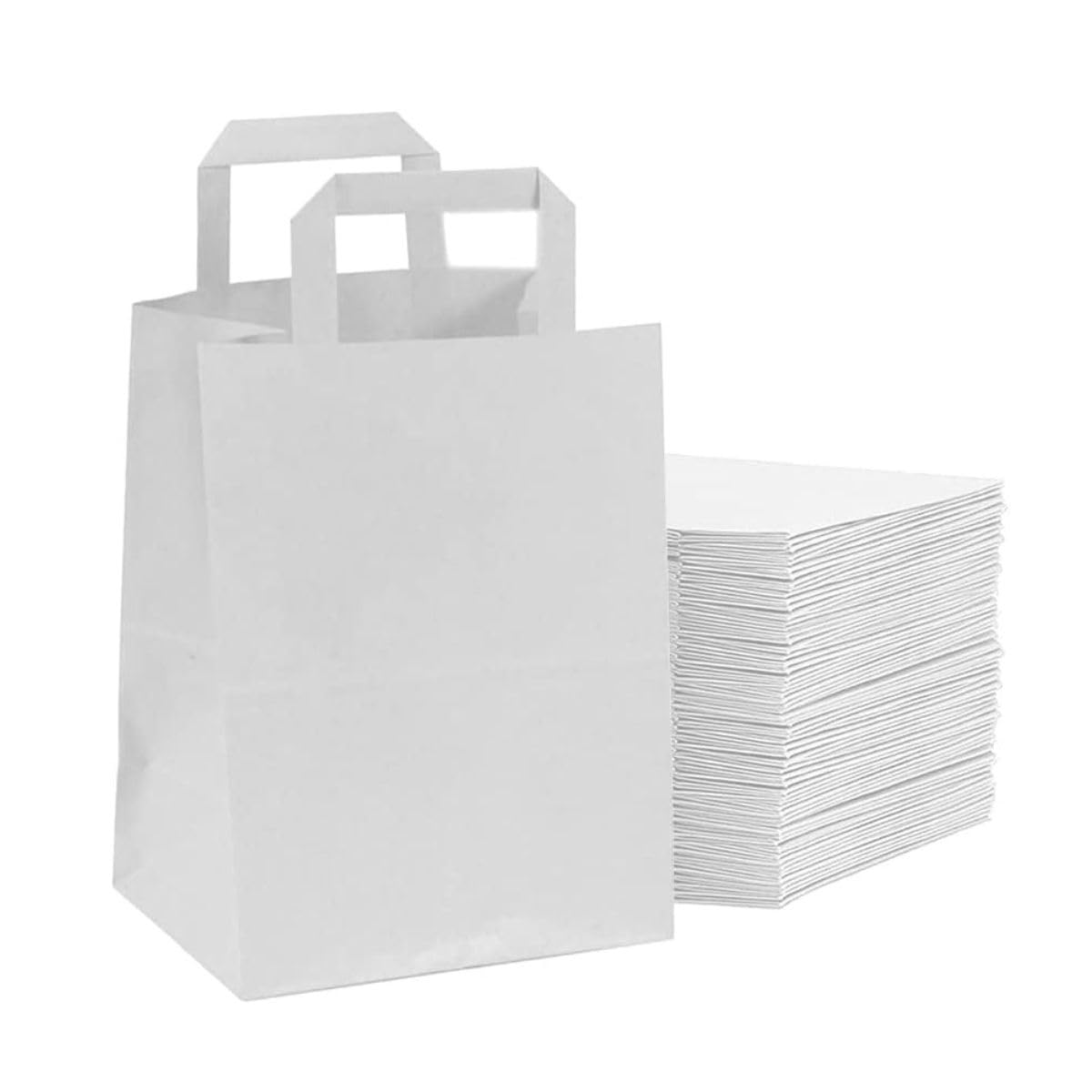 HOT BARGAINS 100 Large White Paper Bags with Flat Handle, SOS Takeaway Carrier, 100% Recyclable, Eco-Friendly Shopping Bags (26 x 14 x 29 cm)