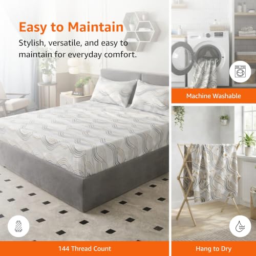 Image of Amazon Basics - 100% Cotton Fitted Bedsheet | 144TC |Fitted Queen Bed Sheet with 2 Pillow Cover|Soft Cotton | Geometric Print | 78 Inch x 60 Inch - 8 Inch Drop, Beige