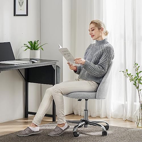 Image of Sweetcrispy Armless Vanity Chair, Cute Comfy Home Office Desk Chair with Wheels, Modern Upholstered Task Computer Seat for Bedroom, Study, Makeup Vanity, Height Adjustable & Swivel, Classic Gray