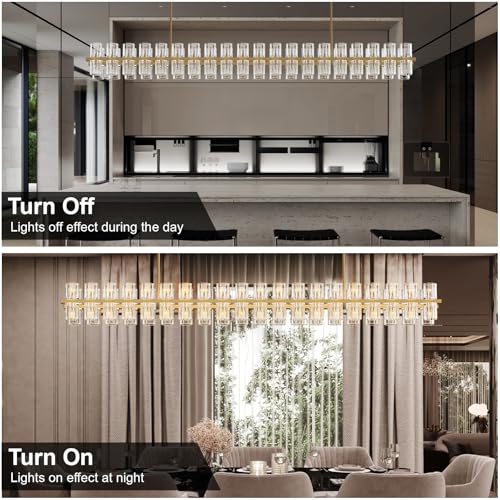 Image of Crystal Brass Rectangular Chandelier Light Fixture,72 in Dining Room Chandeliers Over Table,Modern Chandelier For Living Room,Arcachon Chandeliers,Kitchen Island Chandelier,Includes 80xG4 Bulbs