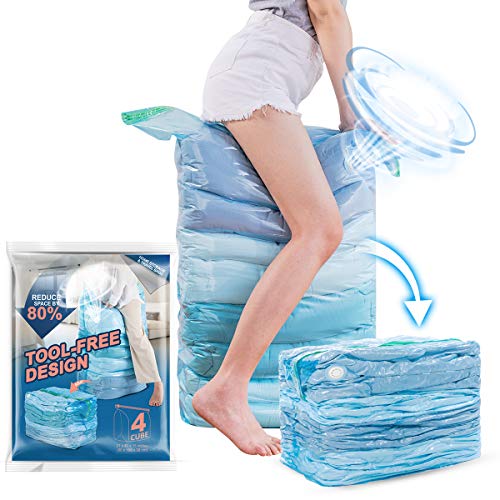 TAILI Vacuum Storage Bags Space Saver Bags 4 Jumbo Cube Pack Vacuum Sealer Bags for Clothes Bedding Comforter Quilts Pillows-No Pump No Cap 80% Space Saving Design