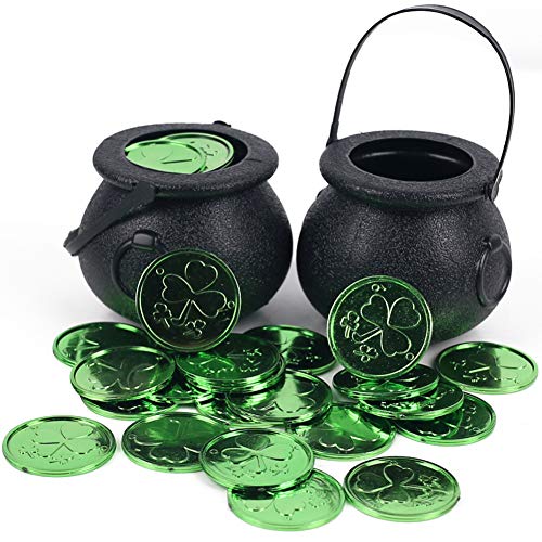 FUTUREPLUSX Mini Black Candy Cauldron Kettles, 2PCS Plastic Candy Kettles Party Decoration Supplies for St. Patricks Day with 50 Plastic Gold Clover Coins
