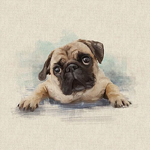 Image of Watercolour Animals Digital Print Design Cotton Rich Linen Look Fabric for Bunting Blinds Craft Quilting Patchwork & Upholstery | Sold Per Panel (Pug)
