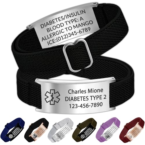 Personalized Medical Alert Bracelet for Men Custom Engraved Medic Info Id Bracelet for Women Customized Emergency Medical Bracelets Adjustable Diabetic Wristband Picture Logo Text
