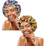2 Pieces Large Satin Sleep Bonnet African Silky Adjustable Bonnet Sleeping Caps for Curly Hair Black for Girls Women (Retro Patterns)