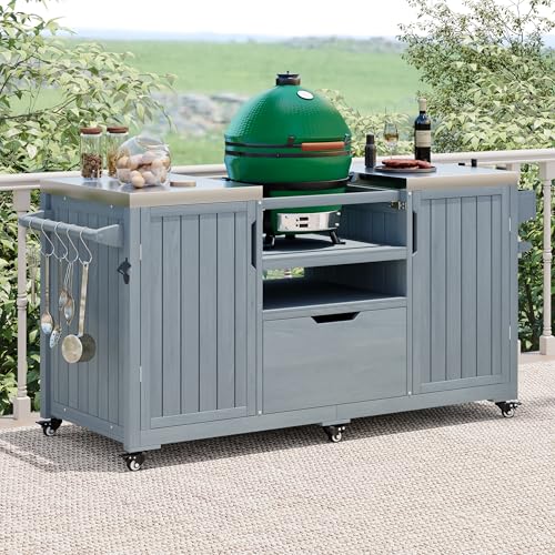 Amposei Outdoor Grill Cart Table for Large Big Green Egg Accessories 66.5’’ Solid Wood Kitchen...