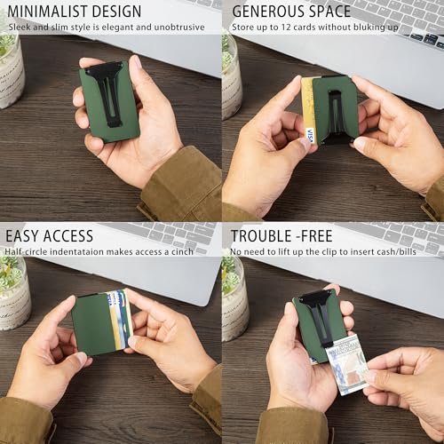 Image of Minimalist Carbon Fiber Wallet for Men, Money Clip Cash Strap Wallet, RFID Blocking Metal Wallet Aluminum Card Holder,Front Pocket Wallet(Matte Green)