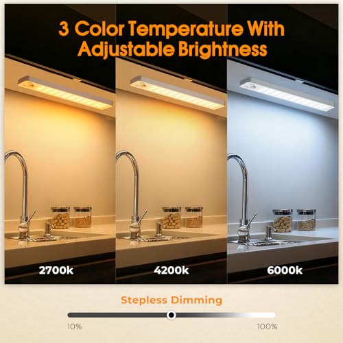 Under Cabinet Rechargeable Dimmable Lighting: 3 Color Temperature Motion Sensor Lights Indoor - Battery Operated Lights - Activated Closet Magnetic Wireless Led Light for Kitchen Home Bathroom Counter - Image 4