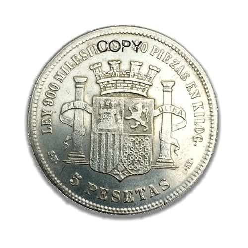 Hochwertige Nachbildung der historischen Münze: Spanien 5 Pesetas Provisorische Regierung 1869. Aus Messing und versilbert