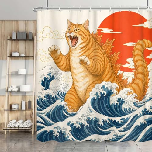 Image of Funny Shower Curtain, Vintage Japanese Cat Art Anime Sunset Wave Shower Curtains for Bathroom, Animal Cat Japan Fabric Bathroom Decor, with Hooks 72x72 Inch