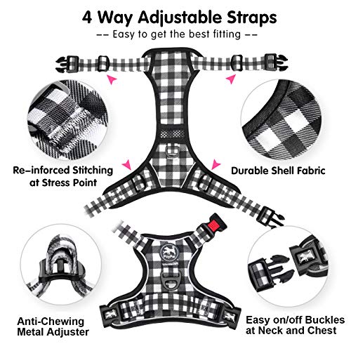 Image of PoyPet No Pull Dog Harness, [Neck Release] Reflective Adjustable No Choke Pet Vest with Front & Back 2 Leash Attachments, Soft Control Training Handle for Small Dogs(Grid,M)