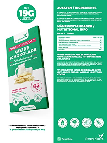 Simply Keto | Zuckerreduzierte Weiße Lower Carb* Schokolade - Schokolade ohne Zuckerzusatz - Gesüßt mit Erythrit statt Zucker – 65% weniger Zucker - Glutenfrei, 12 x 100g