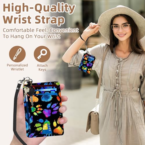 Credit Holder Slim Wallet, PU Leather RFID Blocking, Women & Men Front Pocket Small Card Holder, Credit Card Wallet with Wristlet, Convenient Travel Business, Colorful Paw3
