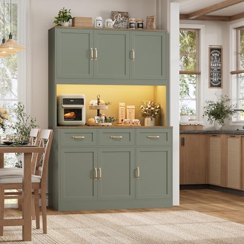 Image of HOSTACK Kitchen Pantry Storage Cabinet, Tall Kitchen Hutch Cabinet, Green | 47 inchW Food Pantry Cabinet with Smart LED / Charging Station / Countertop / 3 Large Drawers, 72 inchH Storage Hutch for Dining Room
