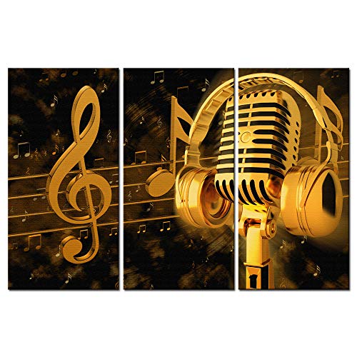 Review Product Biuteawal - Music Artistic Paintings Wall Art Gold Metal Microphone and Headset Note Picture Canvas Giclee Print Modern Home Studio Decor Stretched and Framed Ready to Hang