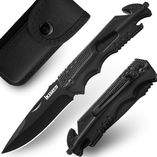 IKORES Taschenmesser (Zweihandmesser), Klappmesser mit Edelstahl-Griff und Taschenclip, 5-in-1 Edc Messer mit Nylonscheide, für Outdoor,Camping IKORES Taschenmesser (Zweihandmesser), Klappmesser mit Edelstahl-Griff und Taschenclip, 5-in-1 Edc Messer mit Nylonscheide, für Outdoor,Camping