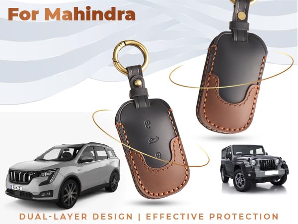 Image of Keyzone Dual Leather Key Cover for Thar, Scorpio, Bolero, XUV700, XUV400, XUV300, TUV300, Marazzo 3 Button flip Key (Push Button Start Models only) (Black-Brown)
