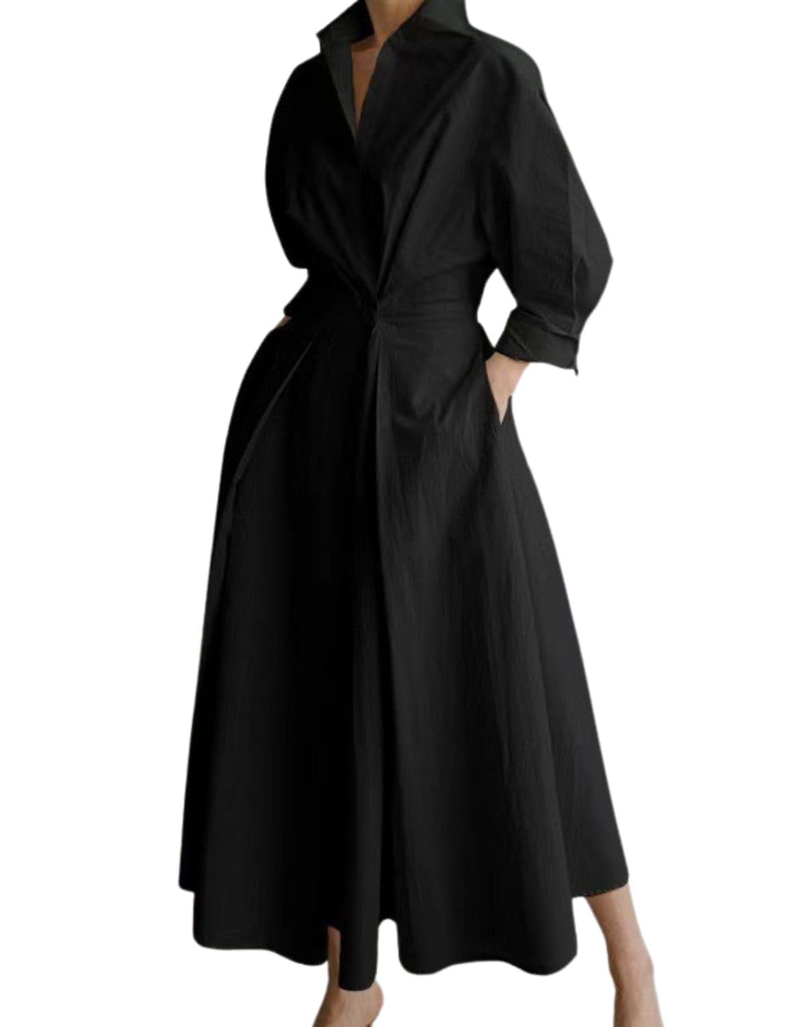 Womens Stand-Up Collar Cotton Breathable Dress Summer Ankle Length Shift Dress Side Pockets Simple Maxi Dress