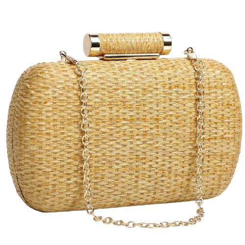 Image of Chewtoyo Straw Clutch Purse, Woven Evening Handbag with Golden Chain and Detachable Strap, Brown Handbag for Wedding, Party