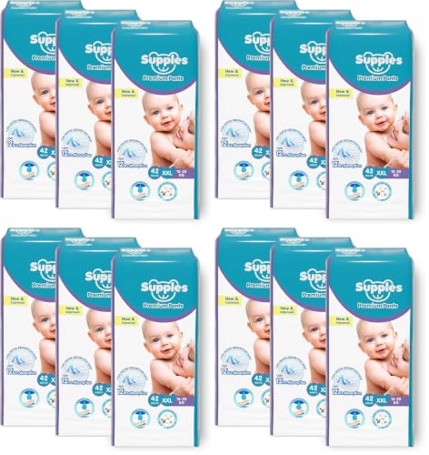 Image of Amazon Brand - Supples Premium Baby Diaper Pants | 84 Baby Diapers | XXL | 15-25 Kg | 42 x 12 Packs | 12 Hrs Absorption | Cushiony Cotton Soft Fabric | Phthalates-Free | Triple Leak Guard