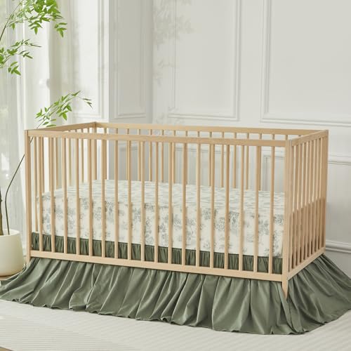 Image of Brandream Crib Bed Skirt for Baby Girls Boys Gray Boho Bohemian Neutral Solid Cotton Toddler Bedskirt Farmhouse Chic Ruffle, Vintage Green