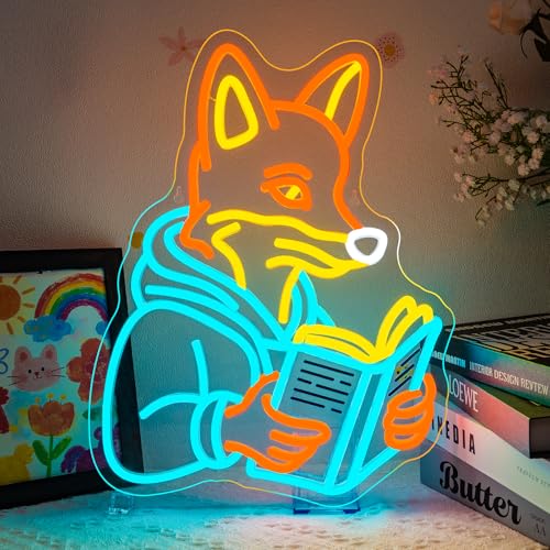Image of Fox Reading Book Neon Sign Animal Books Neon Wall Decor Colorful Neon Lights for Library Bookshelves Classrooms Bedrooms Wall Art Decoration Classroom LED Light Sign Art Gifts for Book Lovers