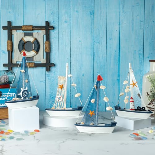 Image of Wooden Decorative Sailboat Nautical Model Showpiece - 15x4x22 cm | Miniature Sailing Boat Showpiece for Home Decor, Living Room, Office & Table Desk Decoration | Dark Blue Border-Starfish