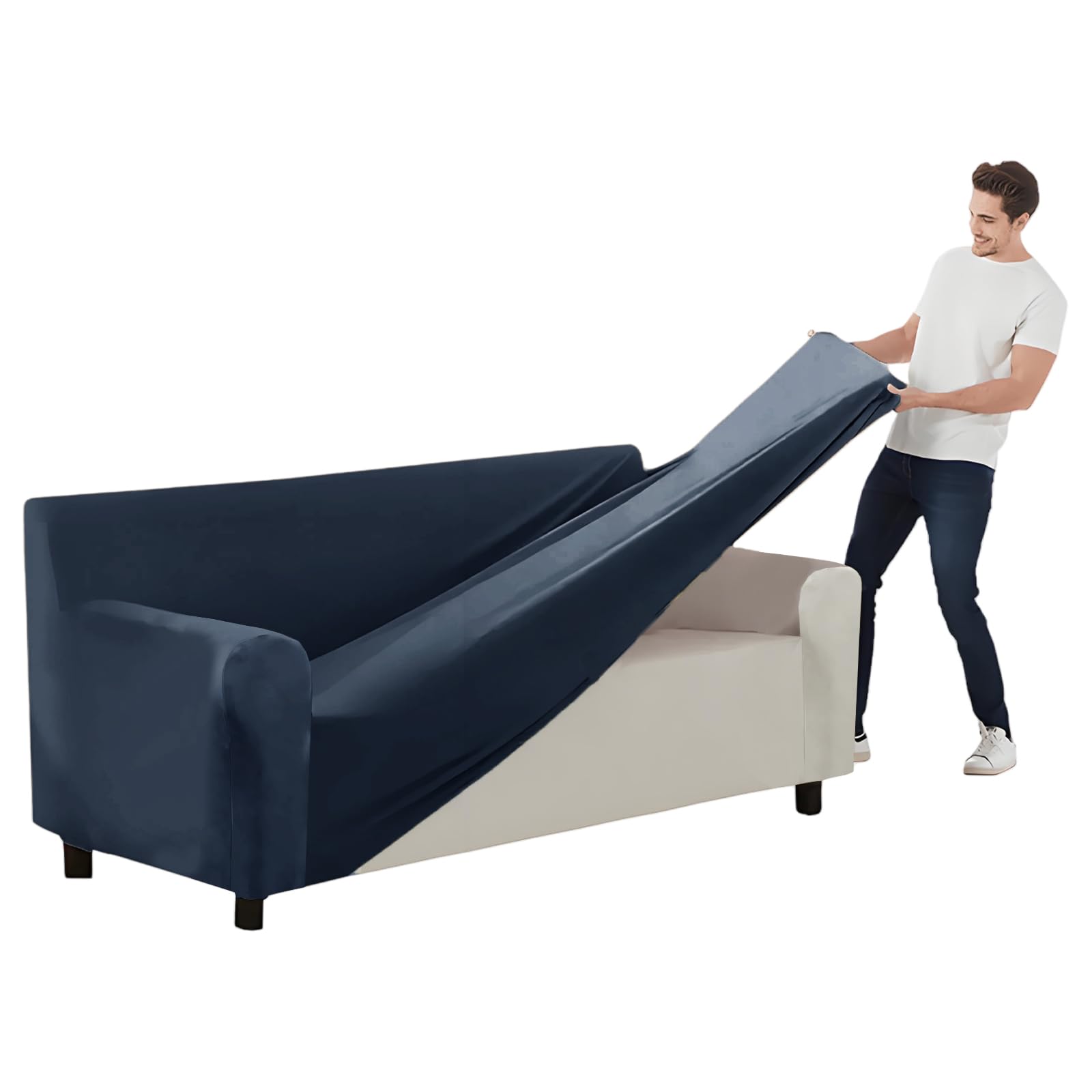 SYLC Stretch Ektorp Sofa Cover, Velvet Sofa Covers 1/2/3/4 Seater with Seat Cover and Back Cover, Non-slip Settee Covers Well-fitted (navy blue,185-235cm 1pc)