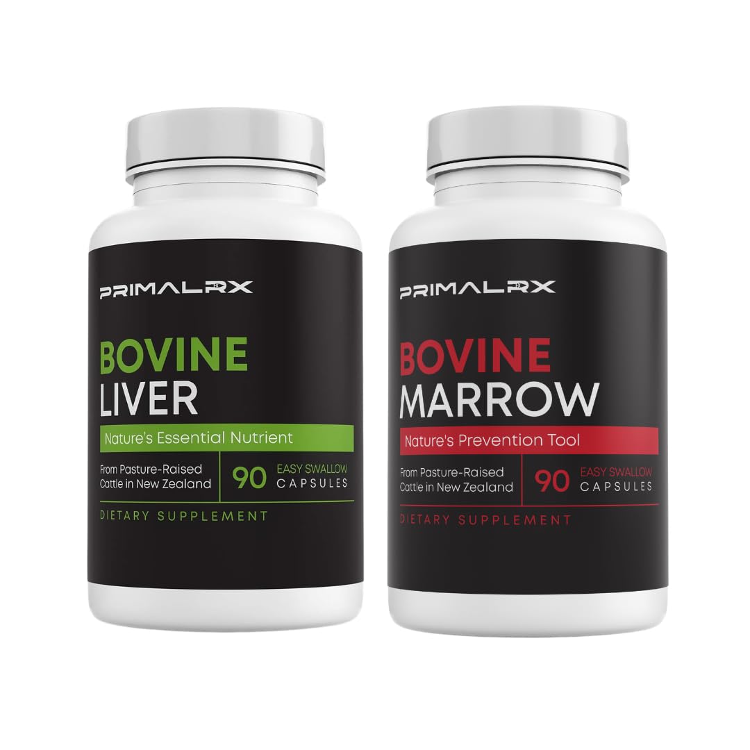 Beef Liver & Beef Bone Marrow Supplement Bundle, Grass Fed Freeze-Dried Organ Capsules with Heme Iron, Vitamin A, B12, Vitamin K2, Healthy Fats & Collagen, Whole Food Ancestral Support, 2 x 90 Count