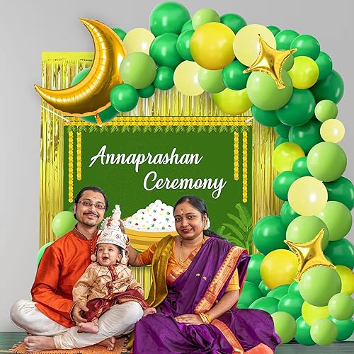 Image of Party Propz Annaprashan Decoration Items - 49pcs Annaprashan Ceremony Decoration with Green Annaprasana Decoration Backdrop, Golden Foil Balloons and Foil Curtain, Balloon for Rice Ceremony Decoration